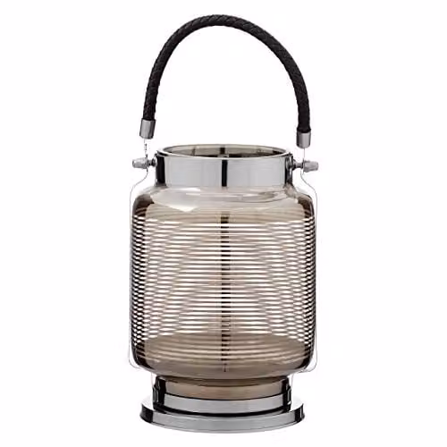 Premier Housewares Modern Square Tabletop Lantern in Transparent Glass and Metal with Striped Design