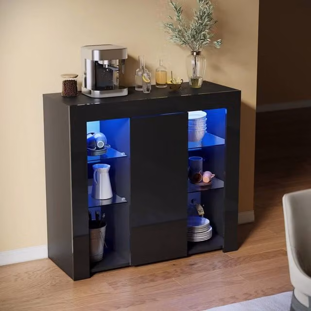 ERGOVEXA Black Glossy Modern Sideboard Storage Cabinet with Glass Shelves – 1