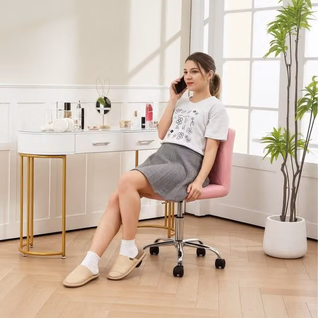HOMCOM Pink Tufted Armless Task Chair with Adjustable Height and Swivel Function