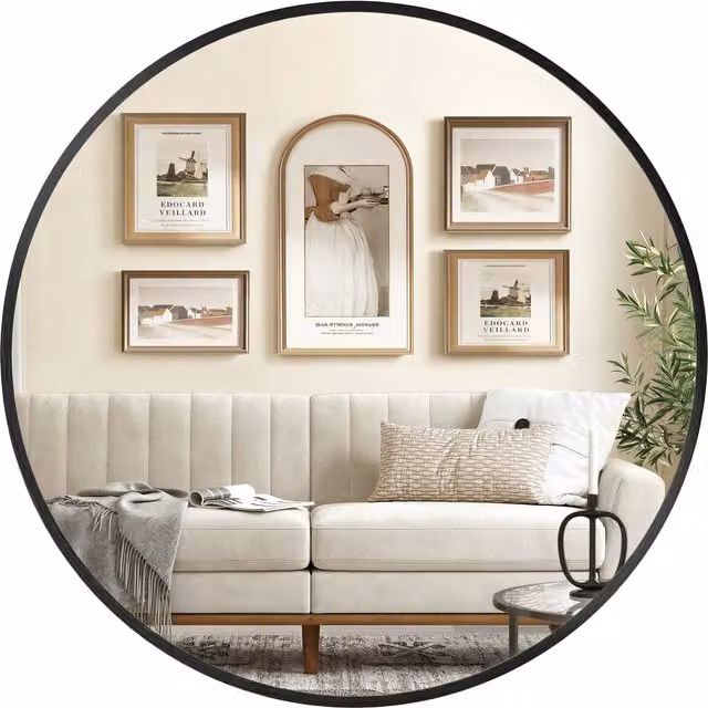 SONGMICS Modern Round Wall Mirror in Black, Diameter: 80 cm