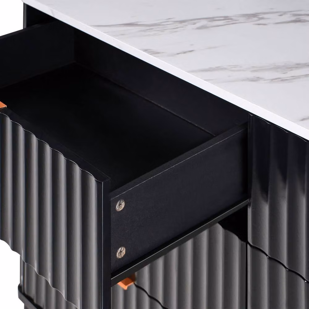 Wyld and Coco Living 6-Drawer Chest in Black with Marble-Effect Top and Metal Legs – 4
