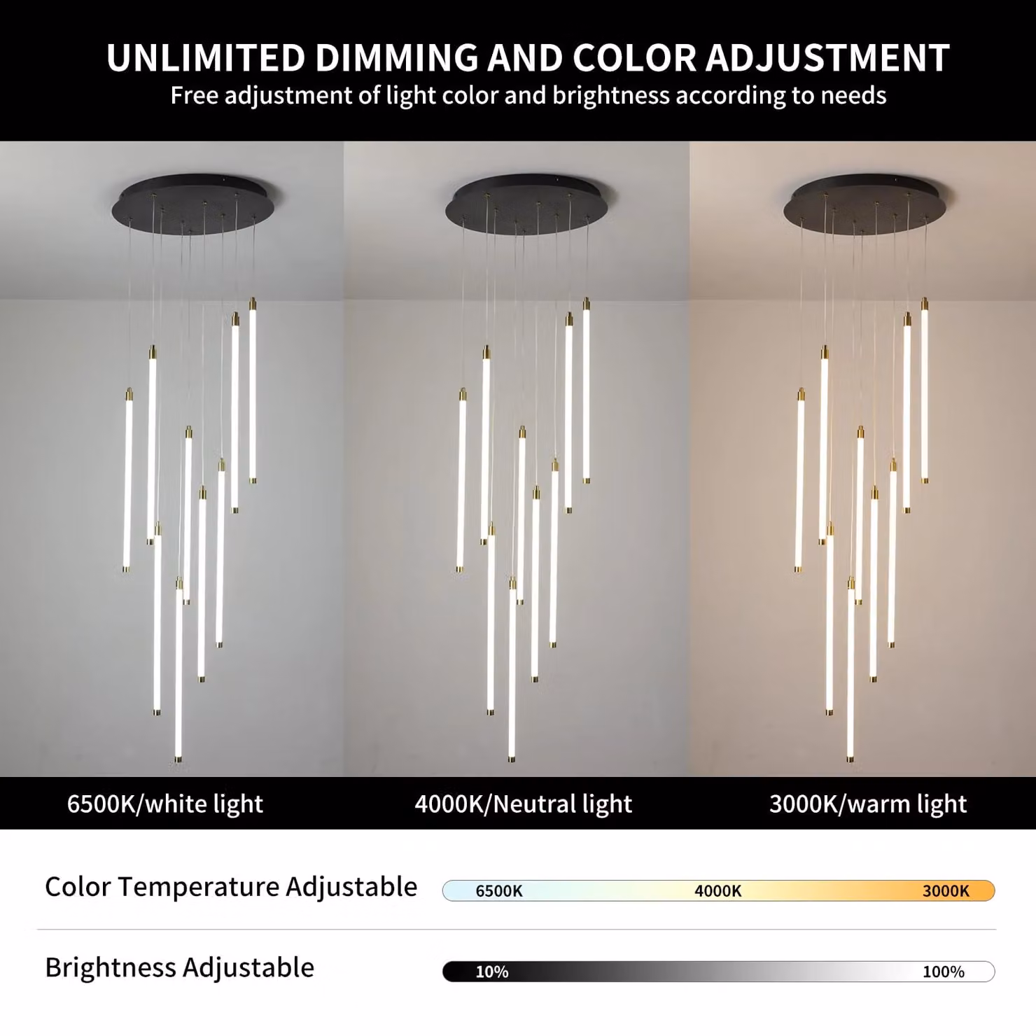 Garwarm Modern Dimmable LED Suspended Chandelier Light in Black, Height: 249.64 cm – 2