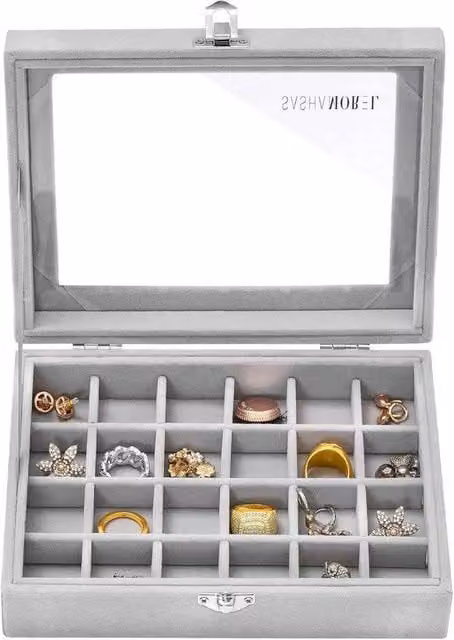 Havendro Velvet Jewellery Organiser Box in Grey with Lid