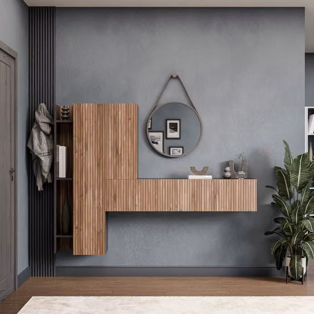 Decorotika Mantova Wall Mounted Modern Entertainment Center in Black with Geometric Pattern