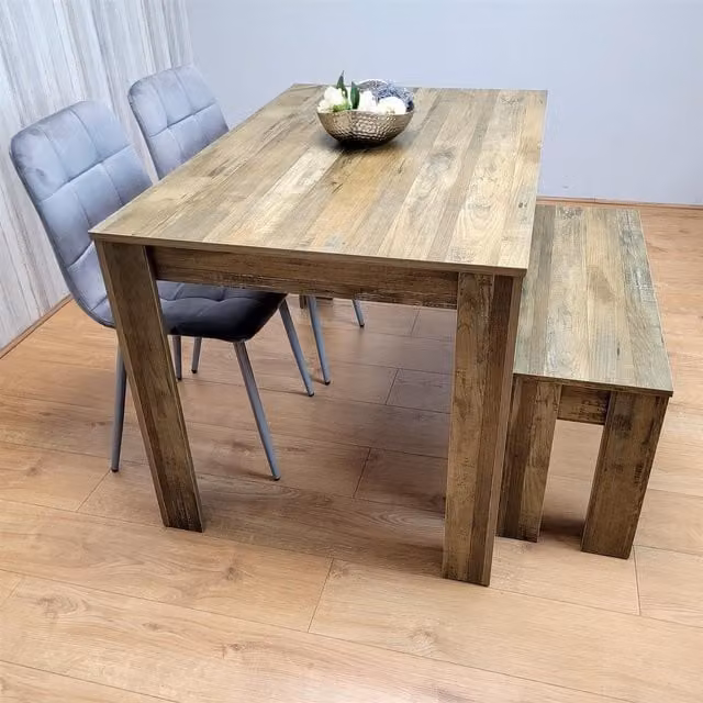 KOSY KOALA Modern Rustic Dining Set in Brown with 2 Grey Velvet Chairs and 1 Bench – 1