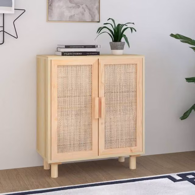 Berkfield Home Brown Solid Wood Pine and Natural Rattan Sideboard, W/D/H: 60 x 30 x 70 cm – 1