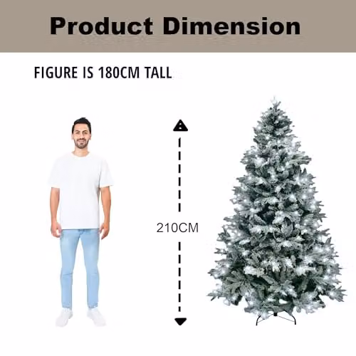 SHATCHI Lapland Fir Pre-Lit Artificial Christmas Tree with 320 White LEDs and Metal Stand, Green and White, Height: 210 cm – 4