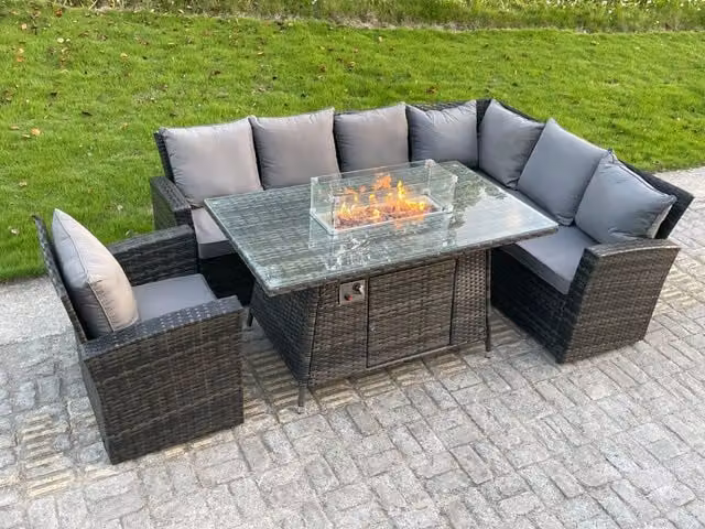 Fimous 7 Seater High Back Rattan Corner Sofa Set with Gas Fire Pit Dining Table in Dark Grey