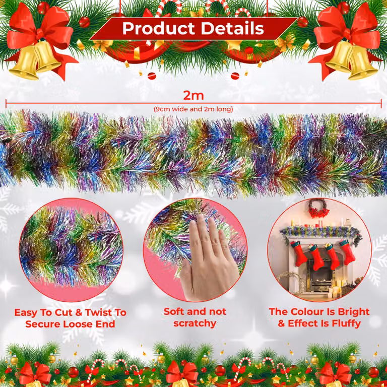Neel Blue Shiny Metallic Fine Foil Christmas Tinsel Garland, 2m