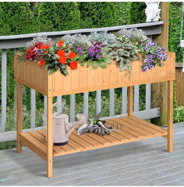 ERGOVEXA Brown Wooden Raised Bed with 8 Compartments for Vegetable, Herb or Ornamental Gardens, W/D/H: 164 x 82 x 46 cm