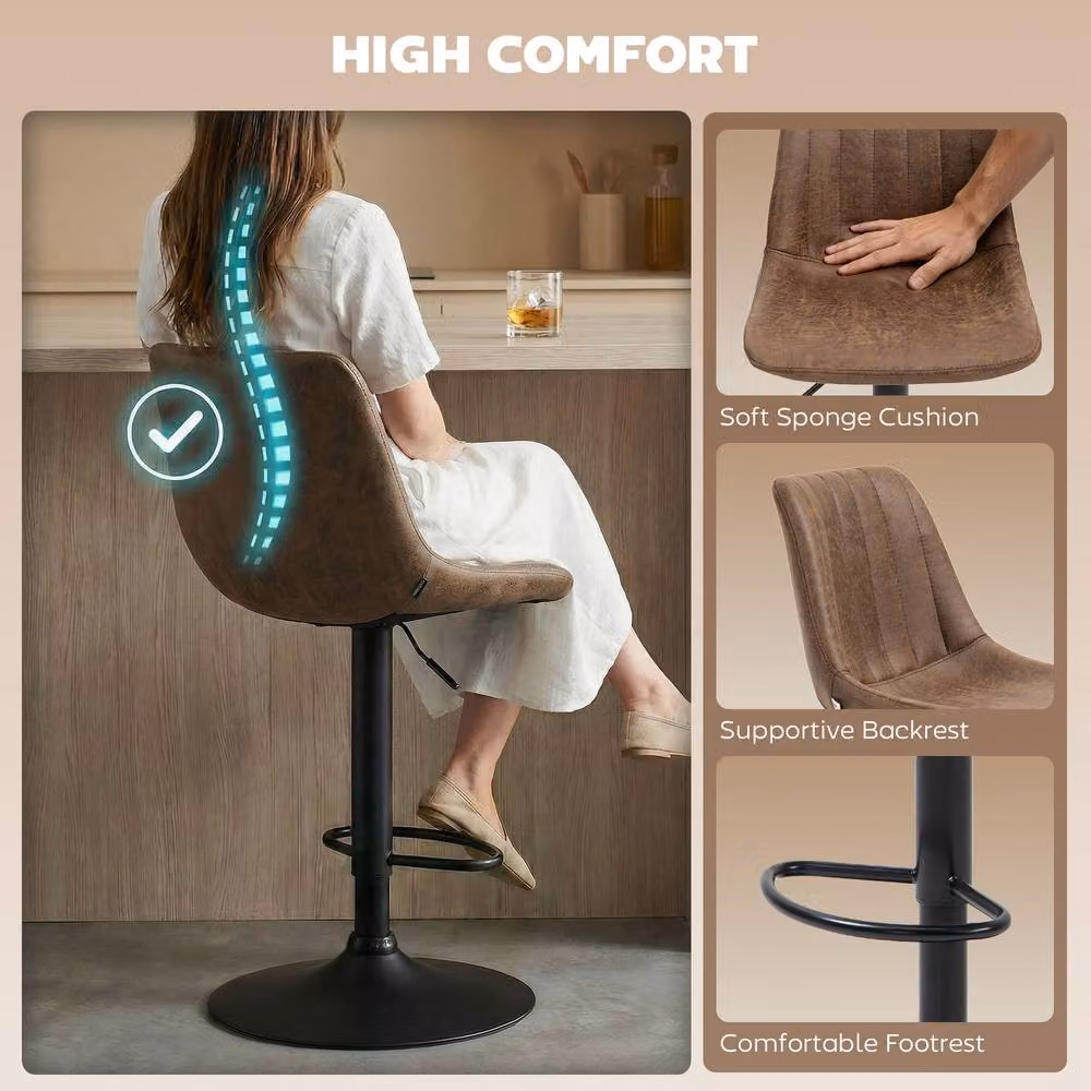 STILVORA Set of 2 Adjustable Height Brown Microfibre Bar Stools with 360 Degree Swivel – 6
