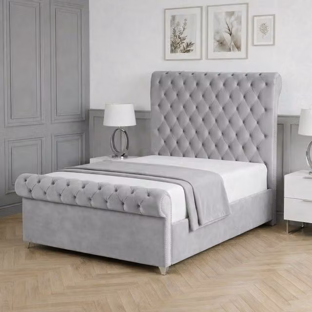 Living Comfort Bedz Regency Sleigh Slatted Base Upholstered Velvet Bed in Silver, W/D/H: 120 x 200 cm