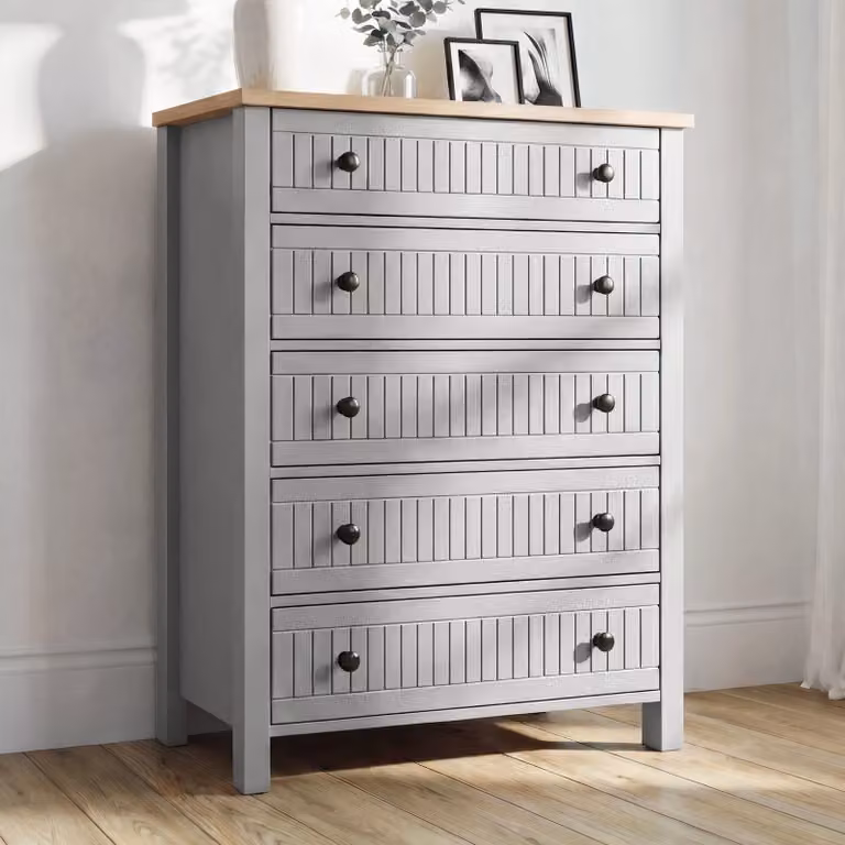 DHS Linra Painted Tall 5 Chest of Drawers in Grey Wood H 115 x W 93 x D 42 cm