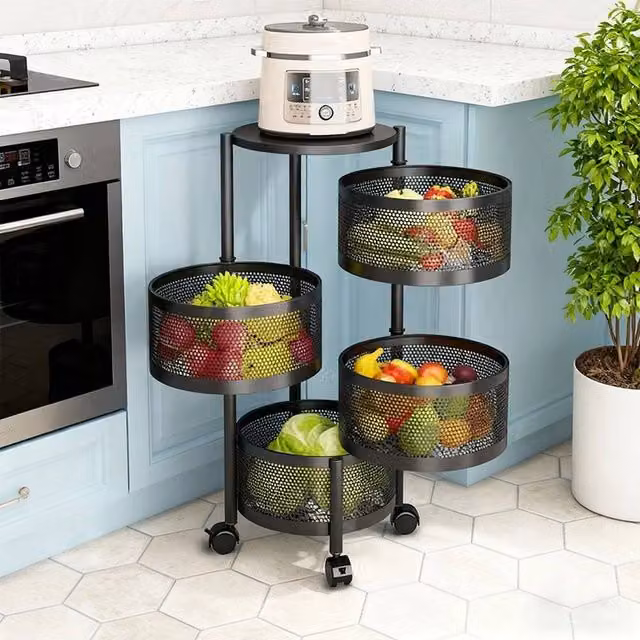 EONLION 4 Tier Kitchen Storage Rack Rotatable Basket Organiser Trolley Cart in Black – 1