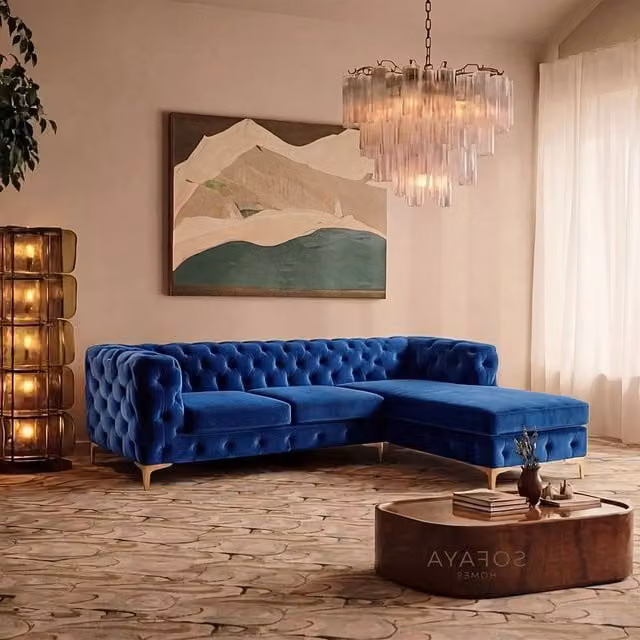 Sofaya Monaco Chesterfield 3 Seater L-Shaped Sofa in Blue Velvet with Right Hand Chaise – 1