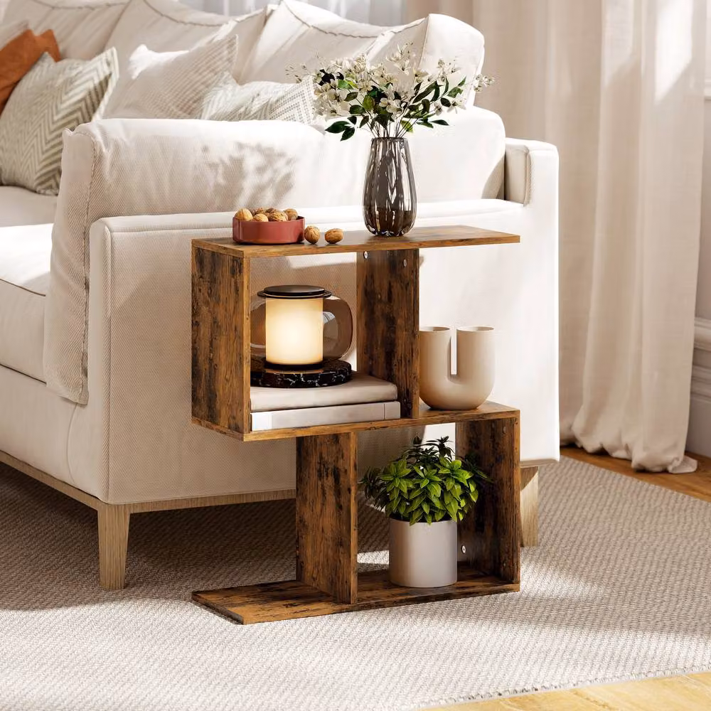 HOMCOM Modern Rectangular Side Table with Storage Shelves in Brown Wood Finish – 2