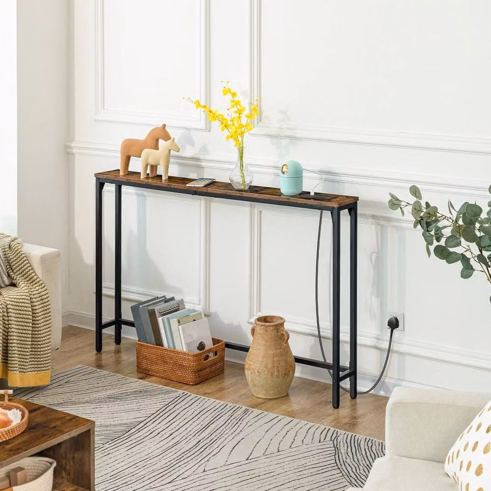 FORGEVIO Modern Brown Rectangular Console Table with Charging Station for Hallways – 3