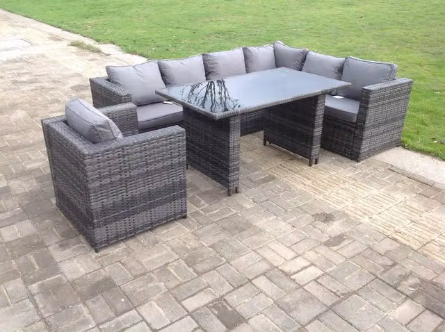 Fimous Lounge Rattan Corner Sofa Set with Rectangular Dining Table and Chairs in Dark Grey
