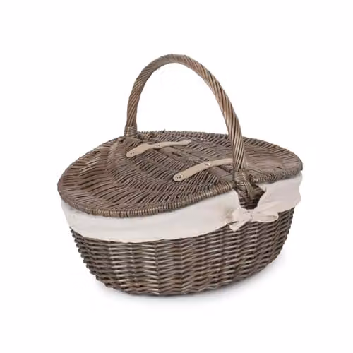 Red Hamper Open Weave Picnic Basket in Brown and White with Handles