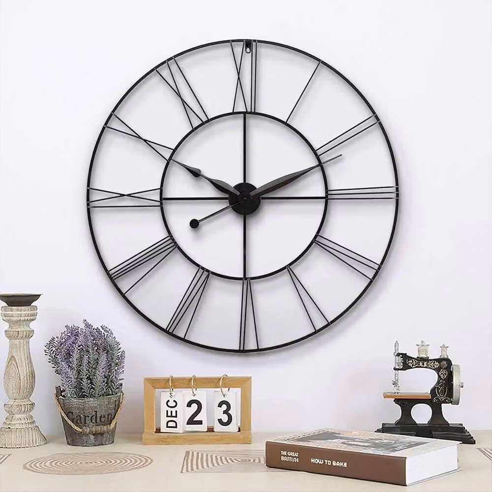 KORVIXA Black Metal Roman Skeleton Wall Clock, Round, Silent Analog, Diameter: 100 cm – 2