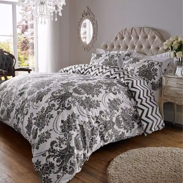 Roseley Reversible Damask Floral Duvet Cover Set in Grey and White, 200 x 200 cm