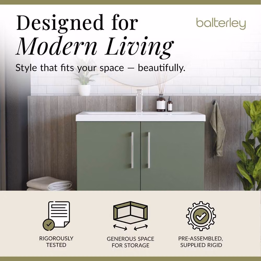 Balterley Contemporary Floor Standing Bathroom Vanity Unit with Mid-Edge Basin and 2 Soft-Close Doors, Satin Green, W: 80.0 cm, D: 39.0 cm, H: 84.0 cm – 2