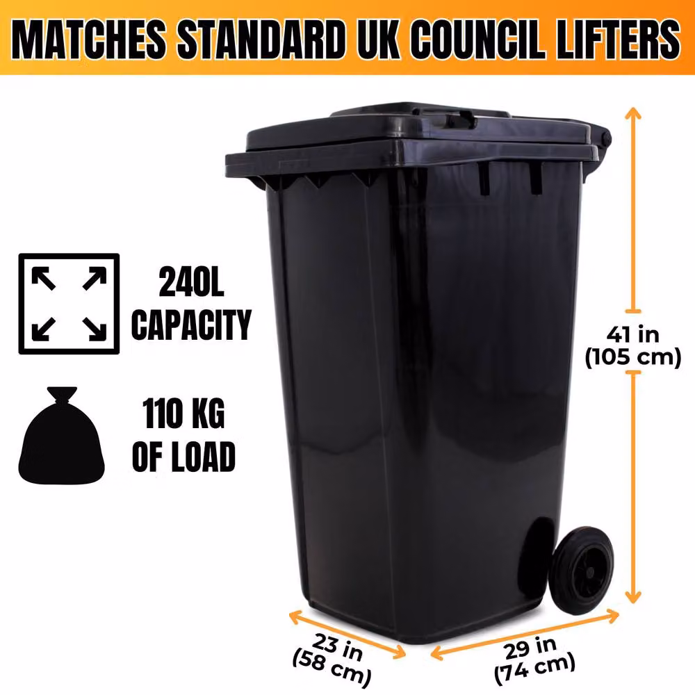 Novecrafto 240L Heavy-Duty Plastic Wheelie Bin with Flip Lid, Black – 3