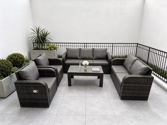 Fimous 7 Seater Grey PE Rattan U-Shape Garden Furniture Set with Reclining Sofa, Coffee Table and Lounge Armchairs