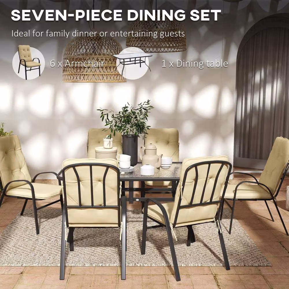 STILVORA 6-Seater Garden Dining Set with Beige Glass-Top Table and Metal Frame – 5