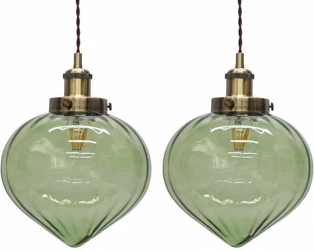 First Choice Lighting Layla Set of 2 Green Glass Easy Fit Pendant Shades with Brass Detail – 1