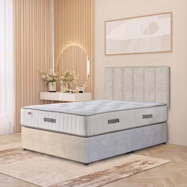 Somnior Beds Ltd Austin Plush Velvet Orthopaedic Divan Bed Set with Hybrid Mattress and Headboard in Silver, W/D/H: 90 x 190 cm
