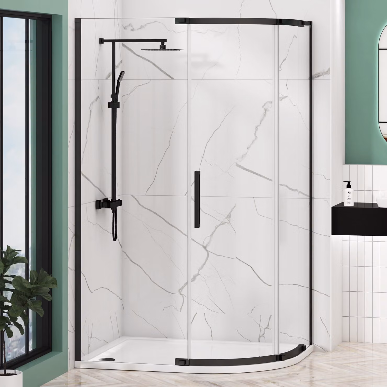 Royal Bathrooms Chelsea Matt Black Single Door Offset Quadrant Shower Enclosure with Mineral Cast Stone Tray and 8mm Easy Clean Glass, Height: 195 cm