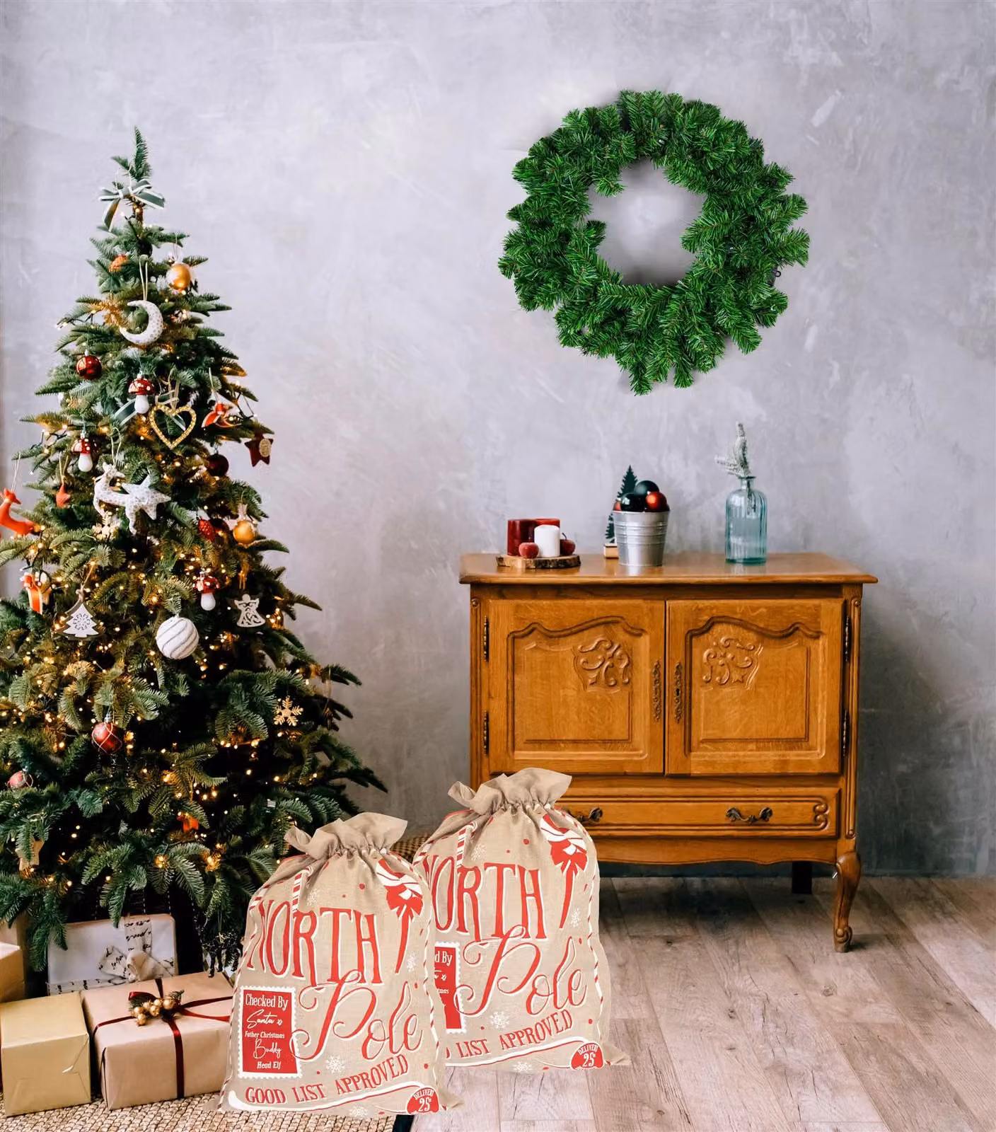 Shatchi North Pole Hessian Christmas Sack in Red, White and Beige, W: 60 cm, H: 78 cm – 3