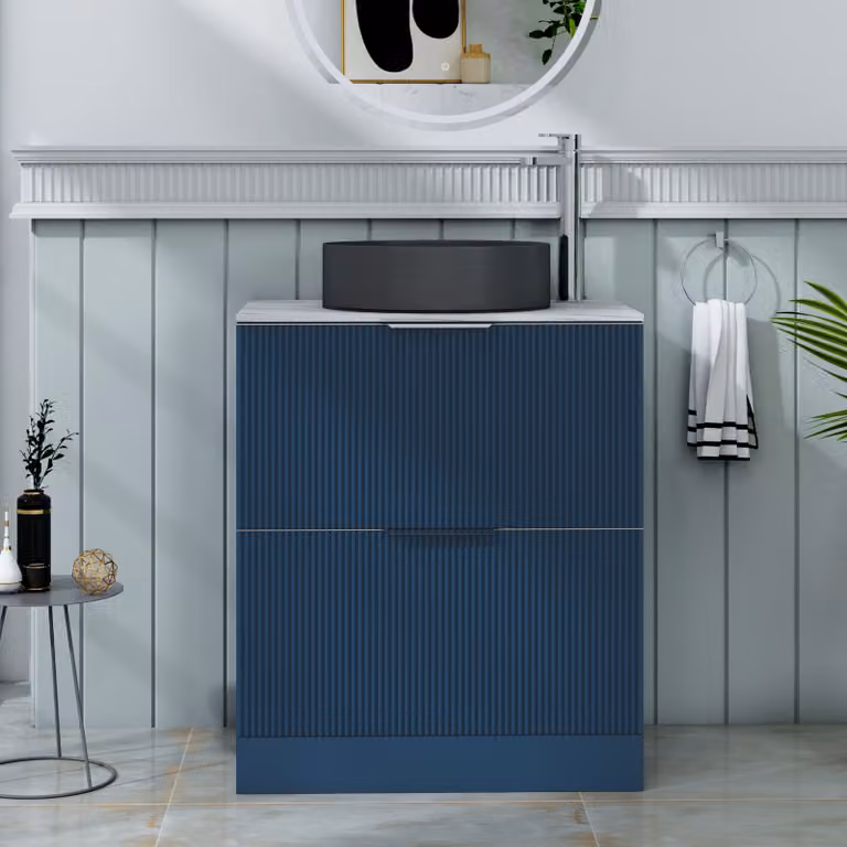 Royal Bathrooms Evora Midnight Blue Fluted Floor Standing Countertop Vanity Unit with 2 Drawers and Art Round Basin, Width: 70 cm