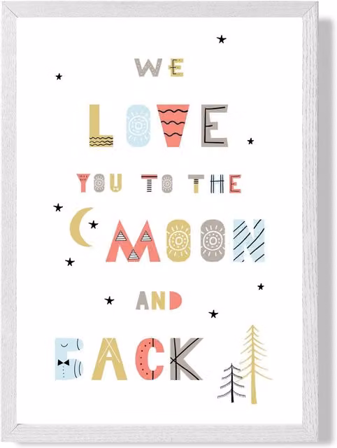 ARTZE Love You to the Moon Scandi Quote Framed Print, White Frame, Pale Blue, A4