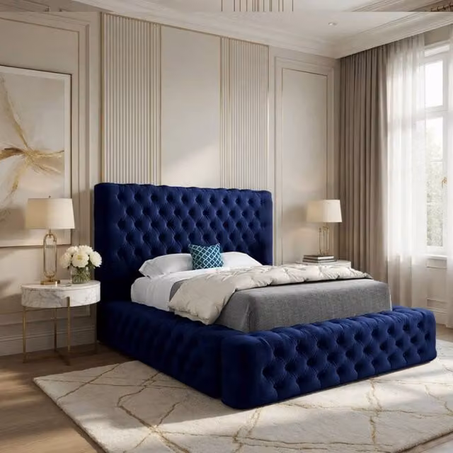 KDMD Lockerbie Blue Velvet Pleated Upholstered Chesterfield Bed Frame, W/D/H: 120 x 200 cm