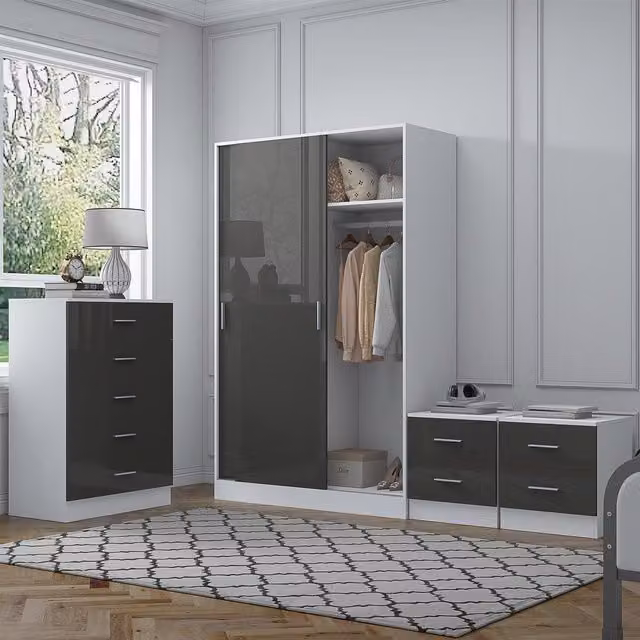 REFLECT Bedroom Furniture Bundle with Sliding Wardrobe, Tall Chest and 2x Bedsides in Grey Gloss and Matt White