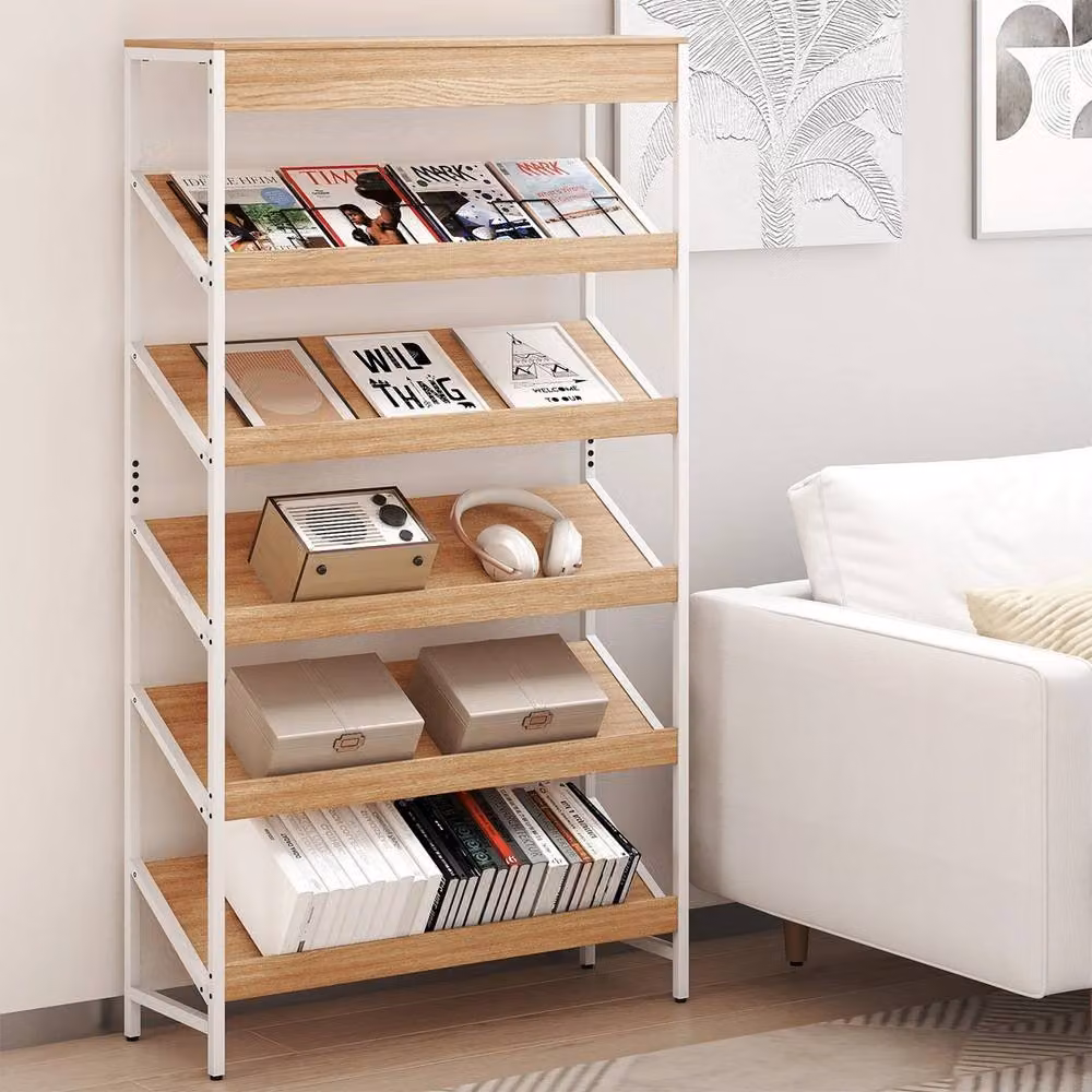 VOGREX Heavy-Duty Metal Freestanding Slant Display Shelf with Adjustable Shelves, Beige, Height: 161 cm – 2