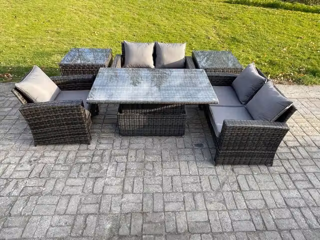 Fimous 6-Piece Rattan Outdoor Garden Furniture Set with Height Adjustable Lifting Table and 2 Side Tables in Dark Grey Mixed