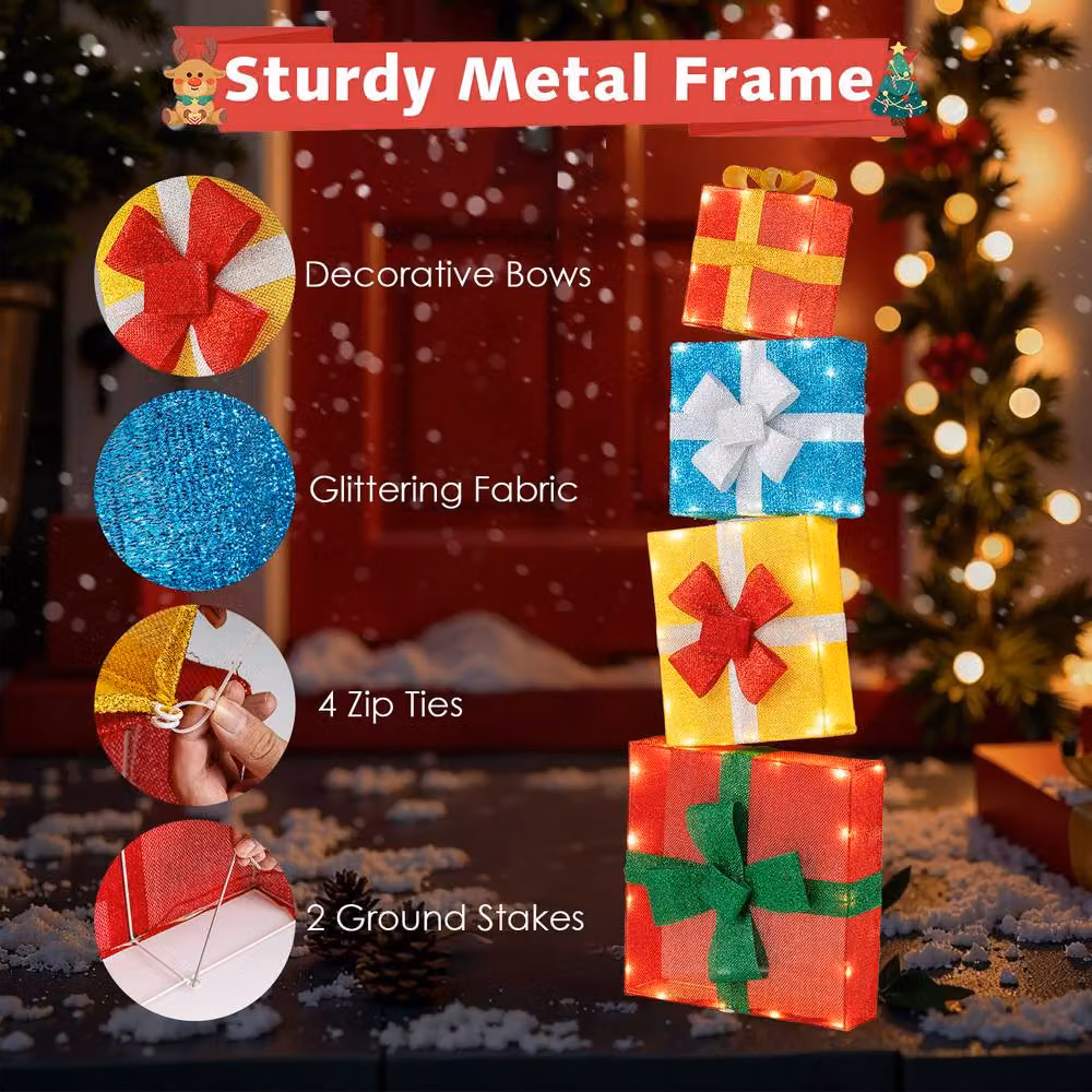 Costway 4 Ft Pre-lit Stackable Multicolour Christmas Gift Box Decorations – 6