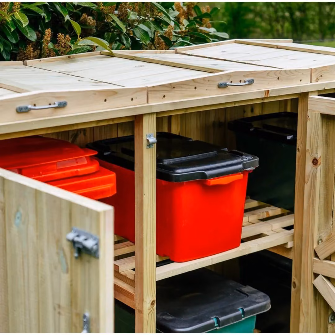 Buttercup Farm Shireburn Brown Bin Store with Floor and Shelving, Fits 2x 180L/240L Wheelie Bins and 4x Boxes, W/D/H: 120.0 x 80.4 x 261.5 cm – 2