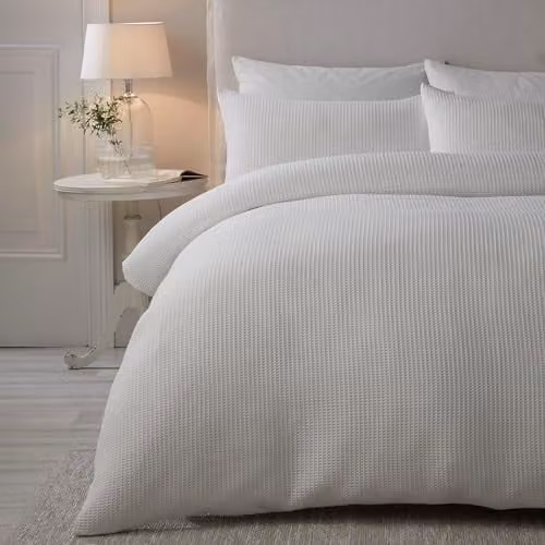 J Rosenthal & Son Serene Lindly Waffle Weave Textured Duvet Cover and Pillowcase Set, White, W/D/H: 200 x 200 cm with 140 x 200 cm Pillowcase