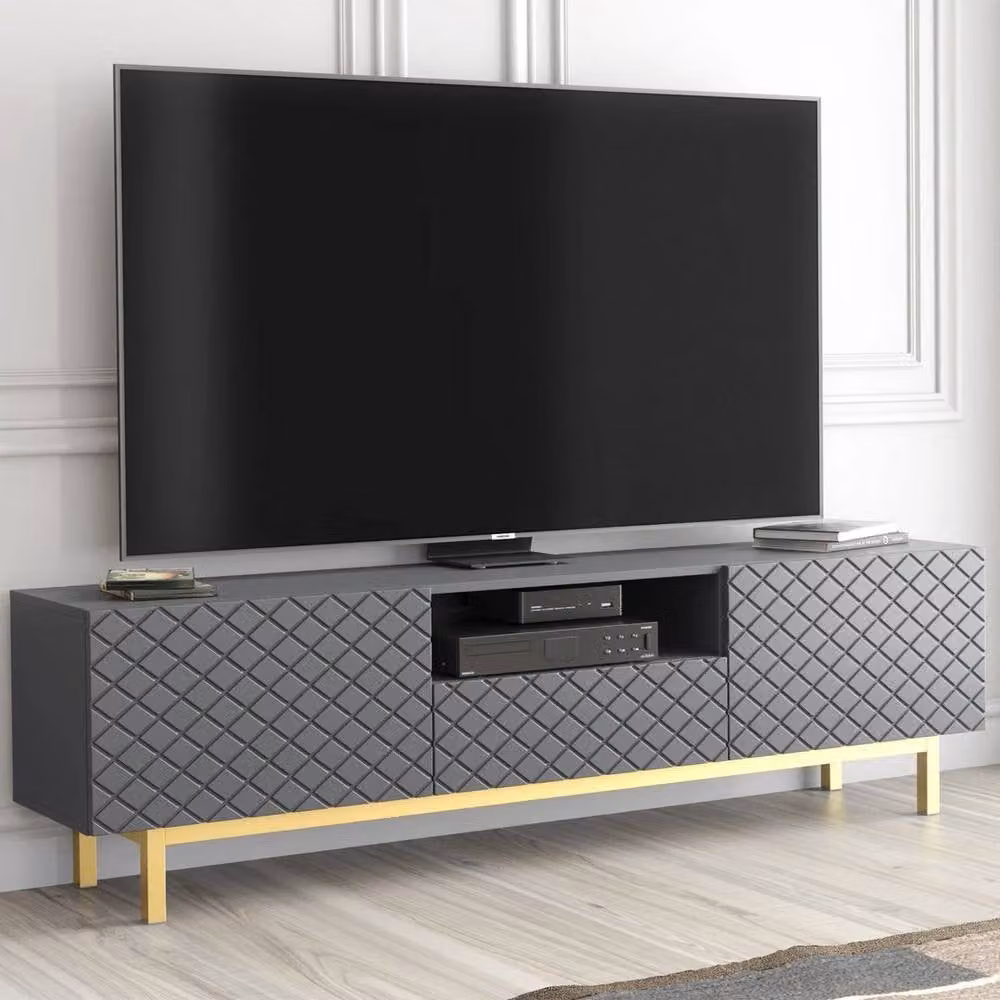 FORGEVIO Modern Grey and Gold Metal TV Stand Cabinet with Media Compartments – 4
