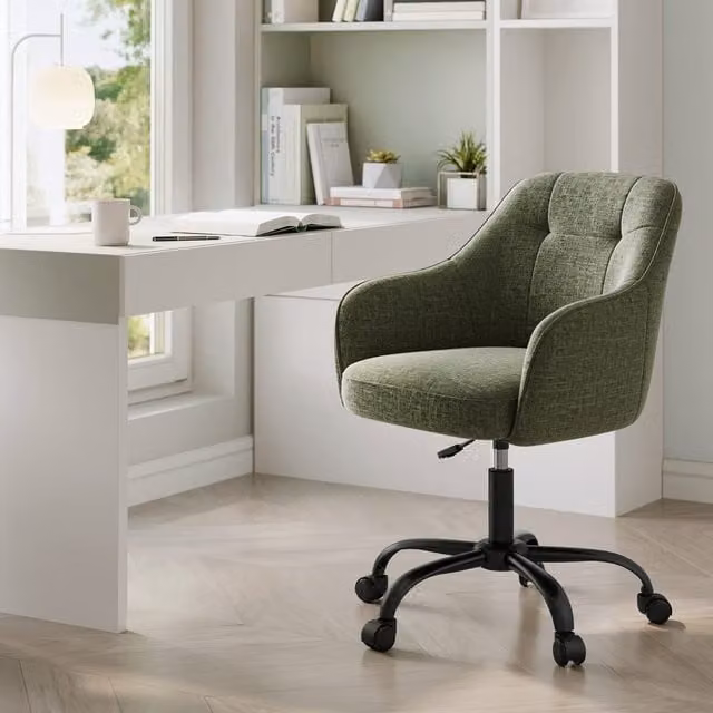 The Bazaarist Modern Swivel Task Chair with Armrests in Green Cotton-Linen Fabric