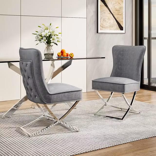 Livingandhome Pair of Grey Velvet Fabric Upholstered Dining Chairs with Metal Cantilever Base
