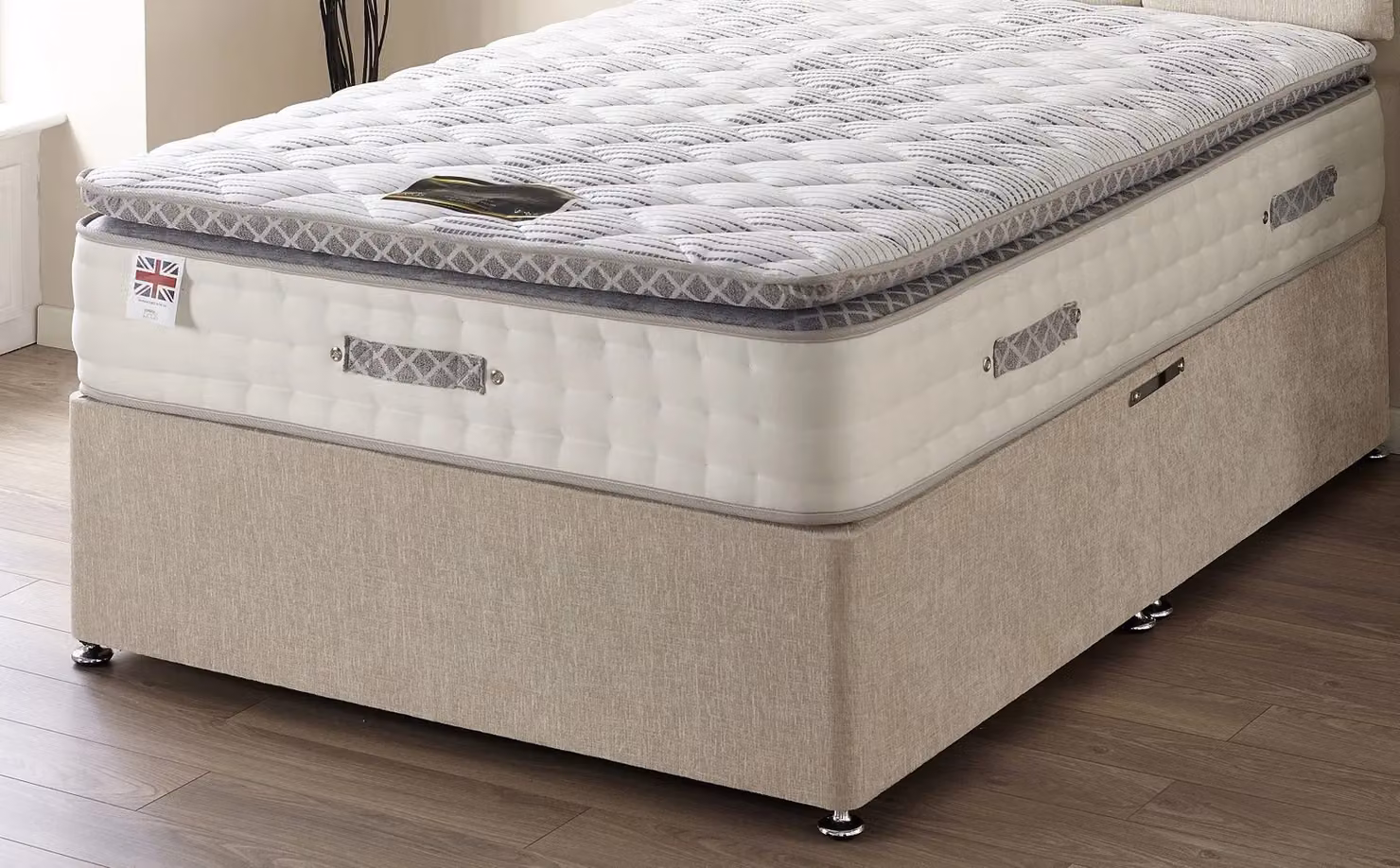 Somnior Eleanor Hybrid Divan Bed Set with 2 Drawers and Headboard in Grey Checked Fabric, W/D/H: 90 x 200 x 33 cm – 2