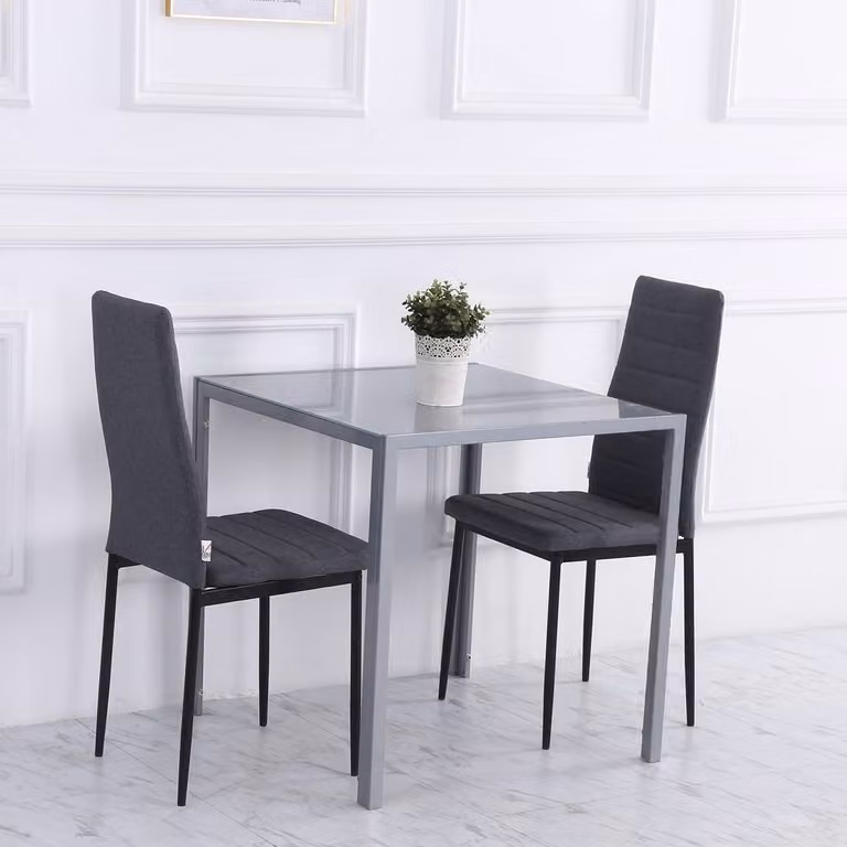 STILVORA Modern Square Glass Dining Table with Grey Steel Frame, W/D/H: 75 x 75 x 75 cm