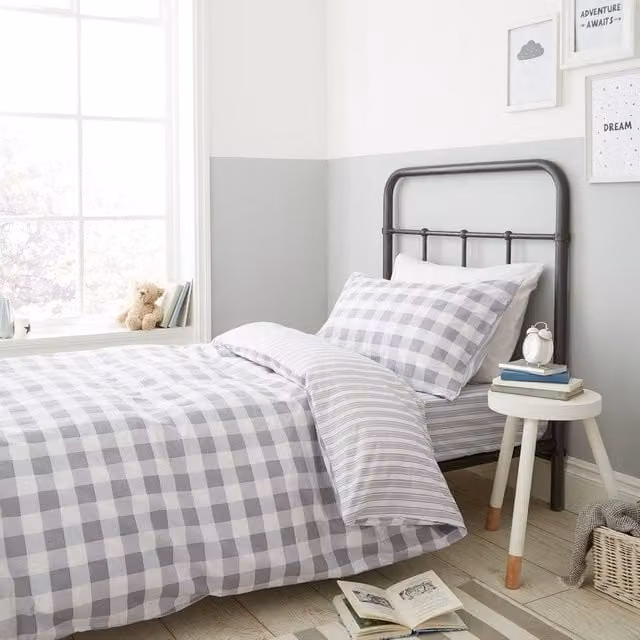 Bianca Reversible Grey Checked and Striped Cotton Duvet Cover Bedding Set
