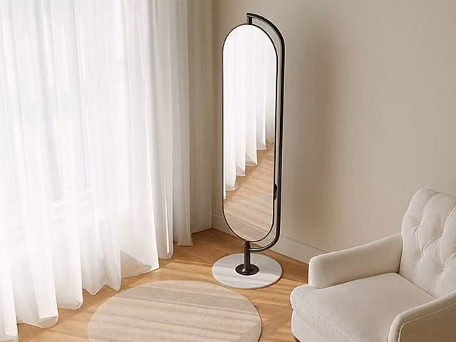 OZAIA Modern Freestanding Mirror with Storage and Metal Hooks, Black, W: 44 cm, H: 169 cm