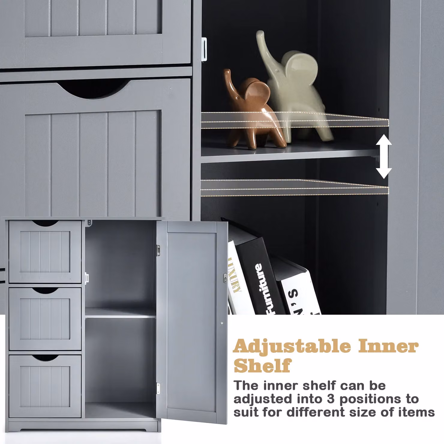 Costway Modern Bathroom Floor Cabinet Storage Cupboard with 3 Drawers in Grey – 2
